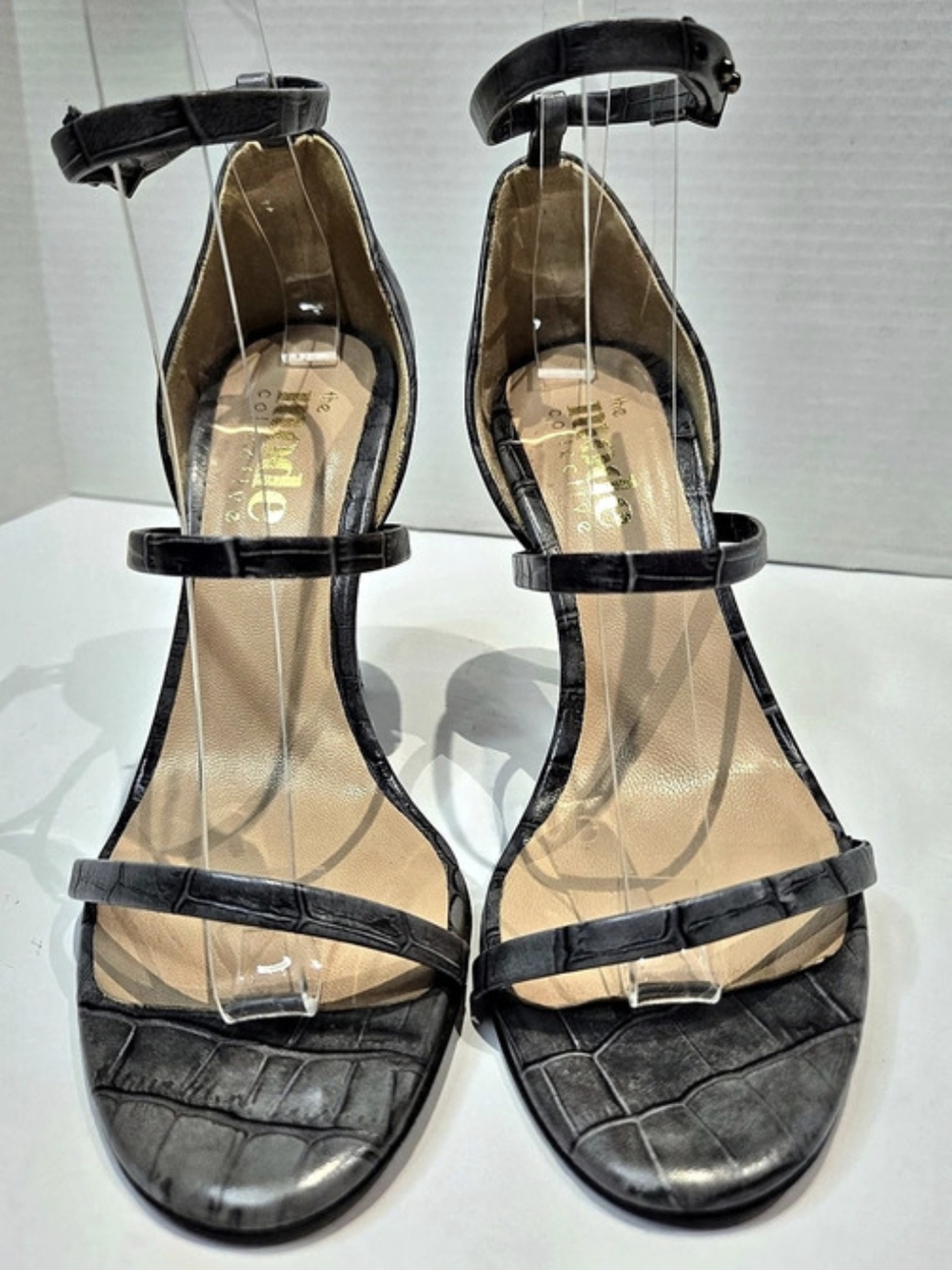 The Mode Collective Strappy Gray Leather Croc Embossed Heels